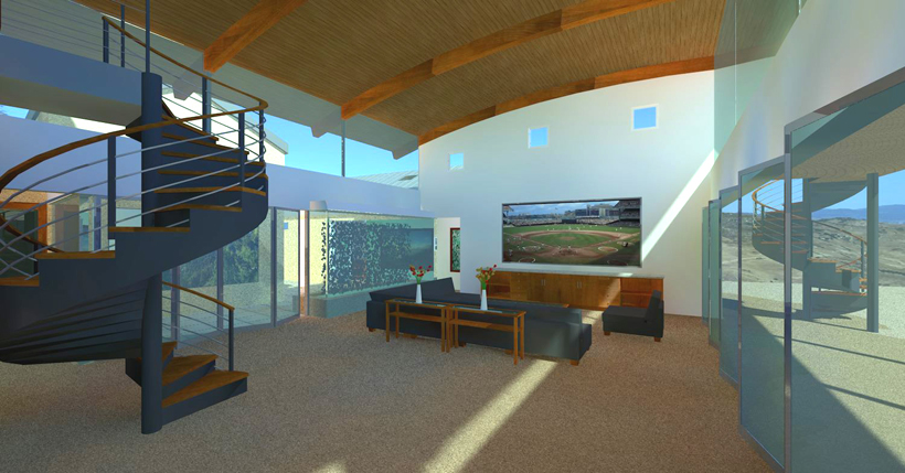 Family Room View to East, Canyon view, contemporary custom residence, 1-1/2 story, 4-bedroom, 4-1/4 bath, with game room, covered patio, terrace, and 3-car/boat garage, designed by ENR architects, Granbury, TX 76049 - CAD Design